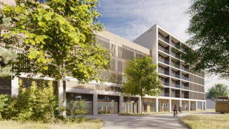 Ontwerptekening van de nog te bouwen parkeergarage op bouwveld G van het World Food Center