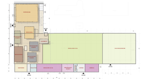 Plattegrond van de Westhal met daarop de geplande onderdelen ingetekend. 