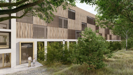 Ontwerptekening van de nog te bouwen parkeergarage op bouwveld G van het World Food Center