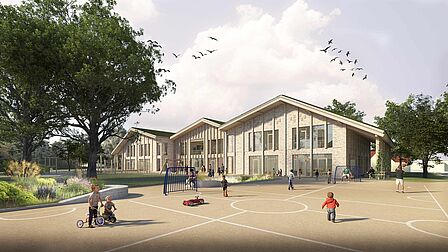 Illustratie van het ontwerp van de Koning David School met daarop het schoolgebouw en schoolplein.