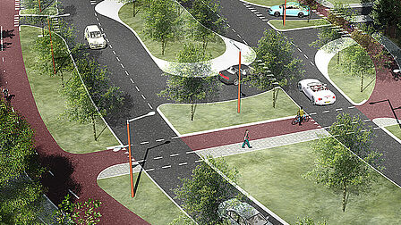 Een schets van de nieuwe weg met daaromheen bomen en fietspaden